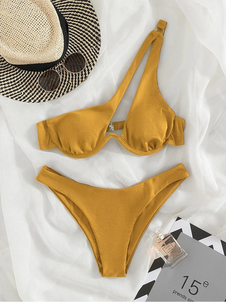 One-Shoulder Cut Out Brazilian Bikini